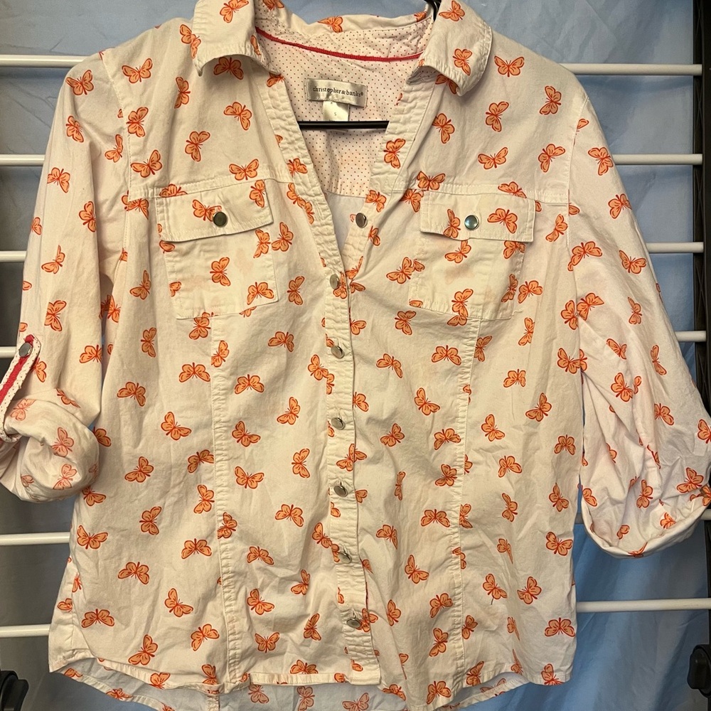 Christopher & Banks White and Orange Butterfly Button Down Shirt